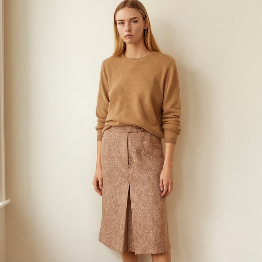 Vintage Woven Tweed Wool Blend Front Pleated Midi Skirt A-Line Pencil Size 6